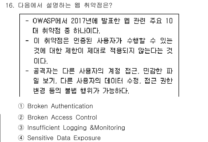 9급_국가직_공무원_정보시스템보안 2021년 16번 - 주어진 설명은 "Broken Access Control"에 해당됩니다. ... 에 관한 핵심 기출문제
