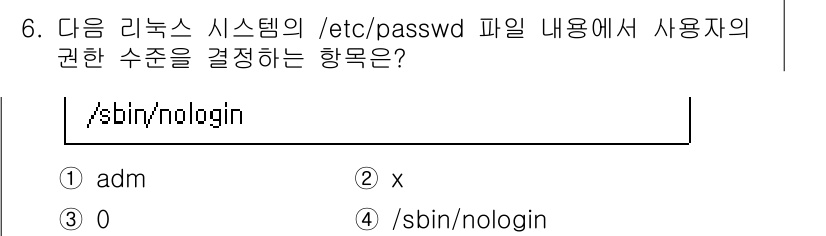 9급_국가직_공무원_정보시스템보안 2021년 6번 - '/etc/passwd' 파일에서 사용자의 권한 수정을 나타내는 항목 중... 에 관한 핵심 기출문제