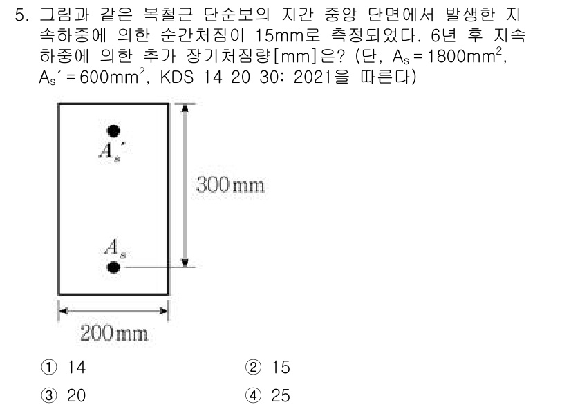 9급_국가직_공무원_토목설계 2021년 5번 - 주어진 문제는 복철근 단순보의 장기처짐량을 계산하는 것입니다. 주어진 단... 에 관한 핵심 기출문제