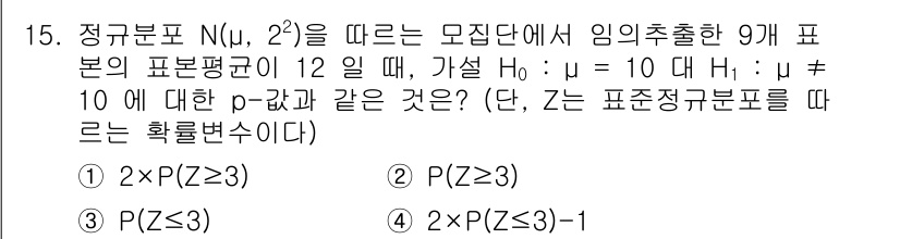 9급_국가직_공무원_통계학개론 2021년 16번 - 주어진 문제는 정규분포의 특성을 이용해 가설검정을 수행하는 내용입니다. ... 에 관한 핵심 기출문제