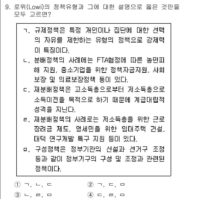 9급_국가직_공무원_행정학개론 2021년 9번 - 로위(Lowi)의 정책유형에서 '재분배 정책'은 자원의 고갈과 불평등 해... 에 관한 핵심 기출문제