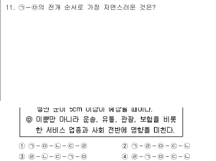 9급_국가직_공무원_국어 2021년 11번 - 주어진 문제는 요소의 순서를 자연스럽게 배열하는 것입니다. '운송, 유통... 에 관한 핵심 기출문제