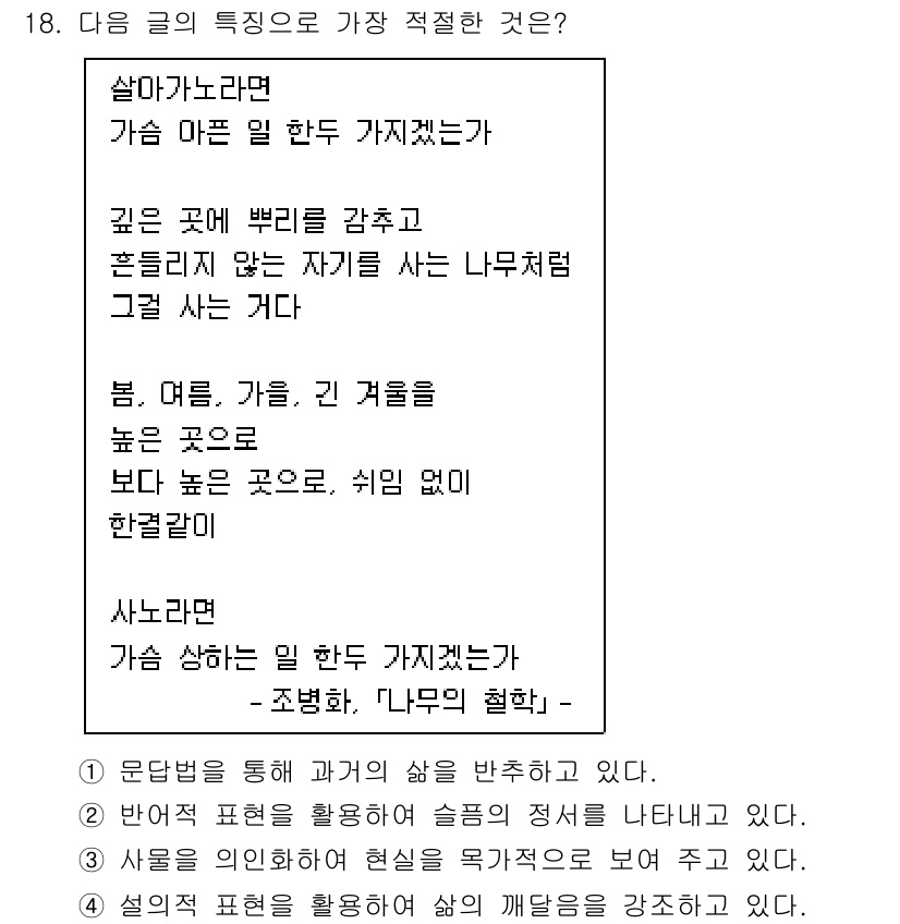 9급_국가직_공무원_국어 2021년 18번 - 정답 '4'는 주어진 글에서 삶의 깊이와 중요성을 강조하고, 자연과의 연... 에 관한 핵심 기출문제