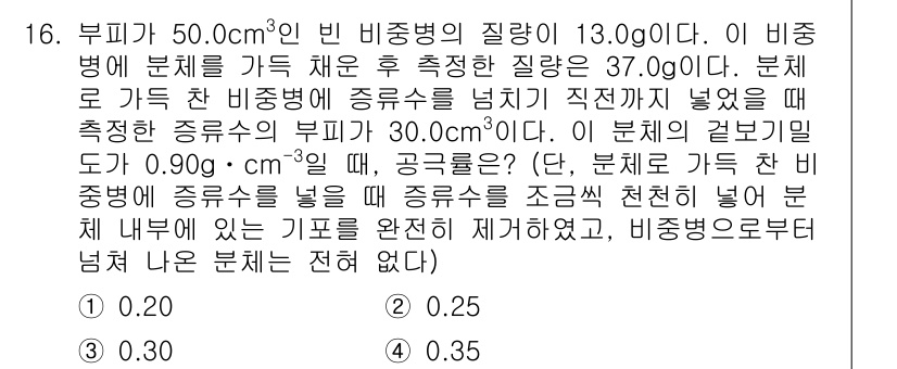 9급_국가직_공무원_화학공학일반 2021년 16번 - 주어진 문제에서, 비중병의 부피와 질량을 이용해 공기밀도를 계산하는 과정... 에 관한 핵심 기출문제