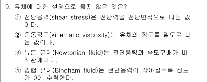 9급_국가직_공무원_화학공학일반 2021년 9번 - 빙행 유체(Bingham fluid)는 전단응력(shear stress)... 에 관한 핵심 기출문제