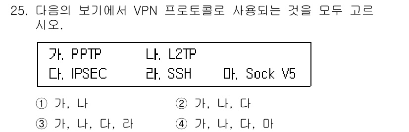 정보보안기사 2015년 25번 - 정답 '4'는 PPTP, L2TP, IPSEC, SSH, Sock V5 ... 에 관한 핵심 기출문제
