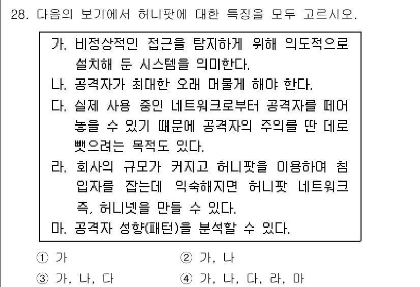 정보보안기사 2015년 28번 - 허니팟은 비정상적인 접속을 탐지하기 위한 시뮬레이션된 시스템입니다. 이 ... 에 관한 핵심 기출문제