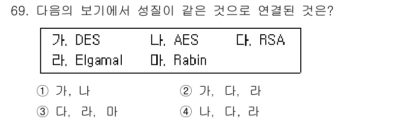 정보보안기사 2015년 69번 - 정답 '3'이 올바른 이유는, 가 항목의 DES와 나 항목의 AES는 대... 에 관한 핵심 기출문제
