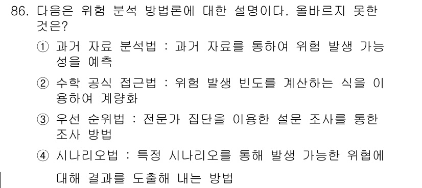 정보보안기사 2015년 86번 - '우선 순위법'은 전문자가 집단을 대상으로 설문 조사를 통해 데이터를 수... 에 관한 핵심 기출문제