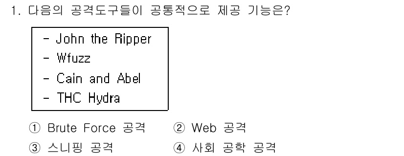 정보보안기사 2016년 1번 - 해당 도구들은 주로 비밀번호 해독 및 인증 우회에 사용되며, 주 공격 방... 에 관한 핵심 기출문제