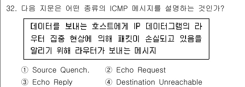 정보보안기사 2016년 32번 - 주어진 문제에서 설명하는 메시지는 패킷 손실을 알리기 위해 라우터가 보내... 에 관한 핵심 기출문제
