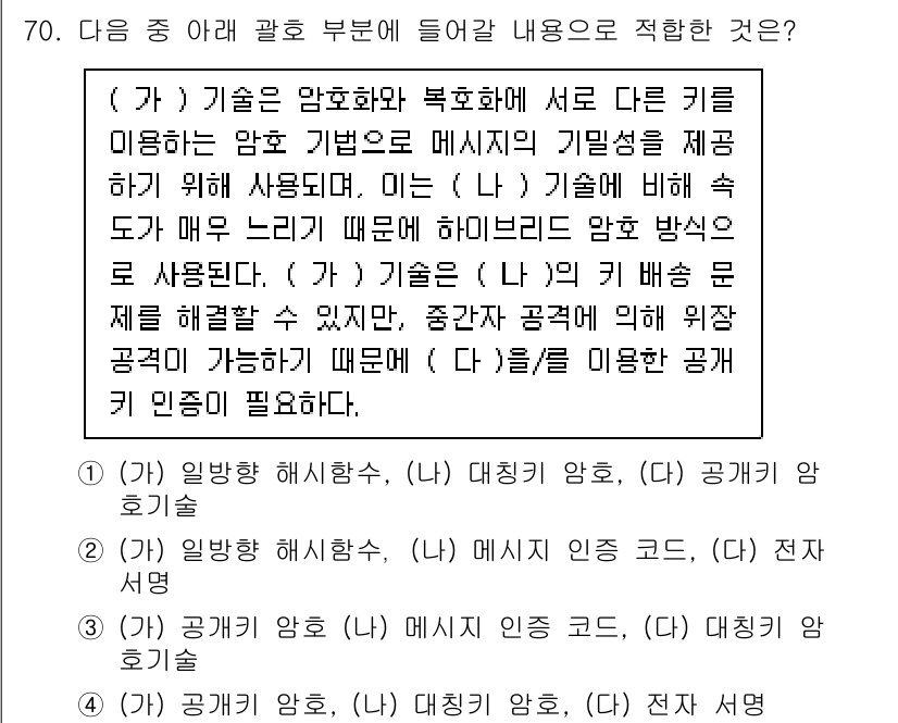 정보보안기사 2016년 70번 - 정답 '4'는 (가)와 (나) 기술의 특성을 잘 반영하고 있습니다. (가... 에 관한 핵심 기출문제