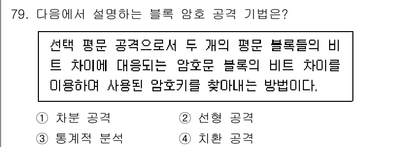 정보보안기사 2016년 79번 - 주어진 설명은 "선택 평균 공격"에 해당합니다. 이 공격 기법은 두 개의... 에 관한 핵심 기출문제