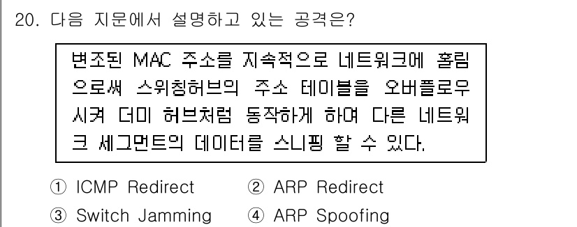 정보보안기사 2017년 20번 - 정답은 '3'번 Switch Jamming입니다. 주어진 설명은 MAC ... 에 관한 핵심 기출문제