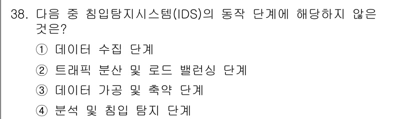 정보보안기사 2017년 38번 - 침입탐지시스템(IDS)의 동작 단계에서 '트래픽 분석 및 로드 밸런싱 단... 에 관한 핵심 기출문제