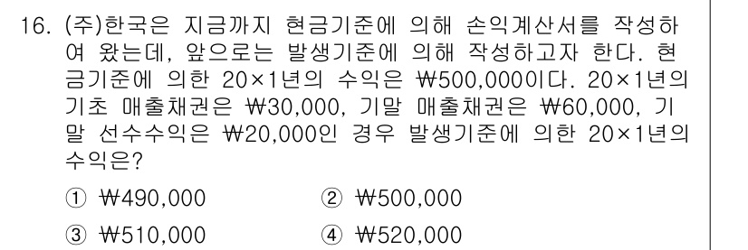 9급_국가직_공무원_회계학 2021년 16번 - 문제에서 주어진 자료를 바탕으로, 발생기준에 따르면 20×1년의 수익은 ... 에 관한 핵심 기출문제