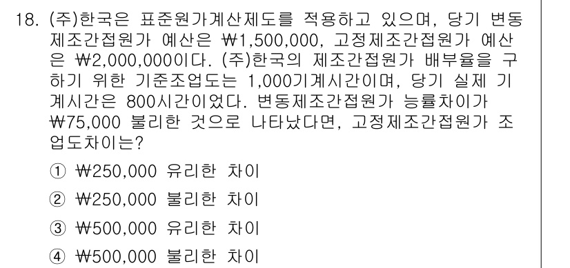 9급_국가직_공무원_회계학 2021년 18번 - 고정제조간접비의 예산은 2,000,000원, 변동제조간접비의 예산은 1,... 에 관한 핵심 기출문제