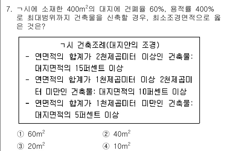 9급_국가직_공무원_조경계획및설계 2021년 7번 - 대지 면적은 400m²입니다. 용적률 400%이므로 최대 연면적은 $40... 에 관한 핵심 기출문제