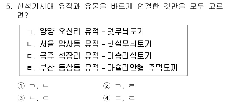 9급_국가직_공무원_한국사 2021년 5번 - 신석기 시대의 유적과 유물을 연결할 때, 양양 오산리 유적은 덧무니 토기... 에 관한 핵심 기출문제