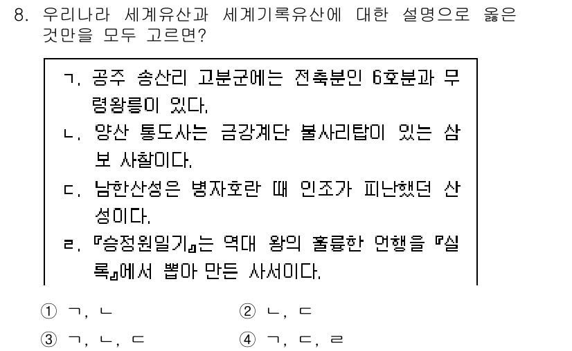9급_국가직_공무원_한국사 2021년 8번 - 정답이 '3'인 이유는 설명 방식에 일관성이 있기 때문입니다. 선택지 '... 에 관한 핵심 기출문제
