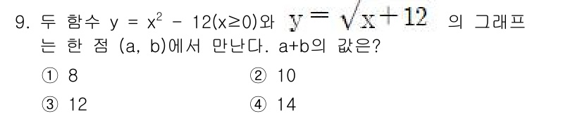 9급_국가직_공무원_수학 2021년 9번 - 두 함수 \( y = x^2 - 12 \)와 \( y = \sqrt{x}... 에 관한 핵심 기출문제