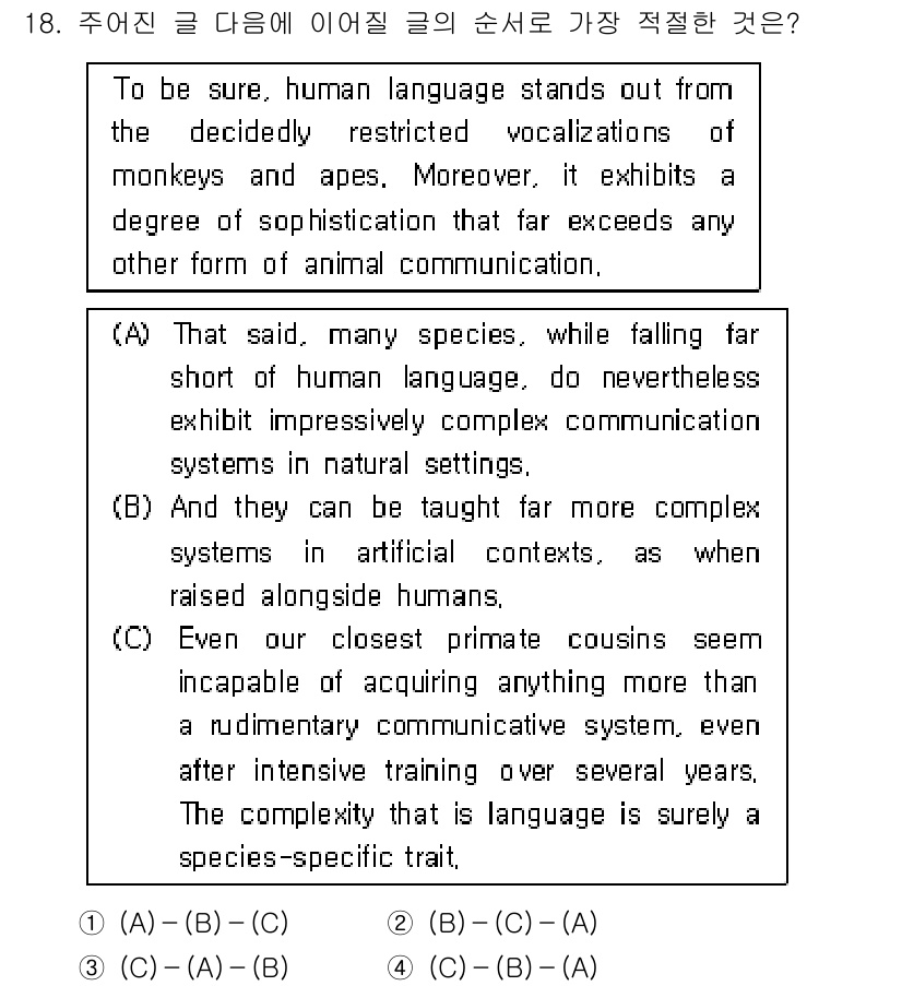 9급_국가직_공무원_영어 2021년 18번 - 주어진 문장은 인간 언어의 독특성과 복잡성을 강조합니다. A는 인간 언어... 에 관한 핵심 기출문제