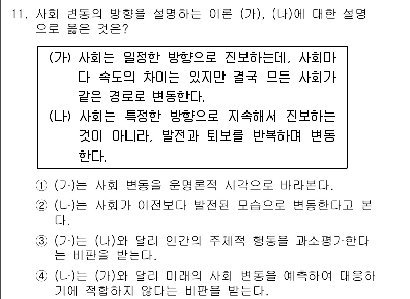 9급_국가직_공무원_사회 2021년 11번 - 주어진 (가)와 (나)의 설명은 사회 변화의 관점을 다룹니다. (가)는 ... 에 관한 핵심 기출문제