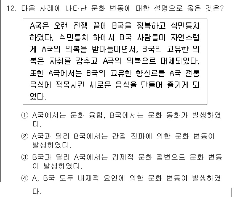 9급_국가직_공무원_사회 2021년 12번 - A국에서는 B국의 문화를 받아들이면서 서로의 영향을 주고받는 ‘문화 융합... 에 관한 핵심 기출문제