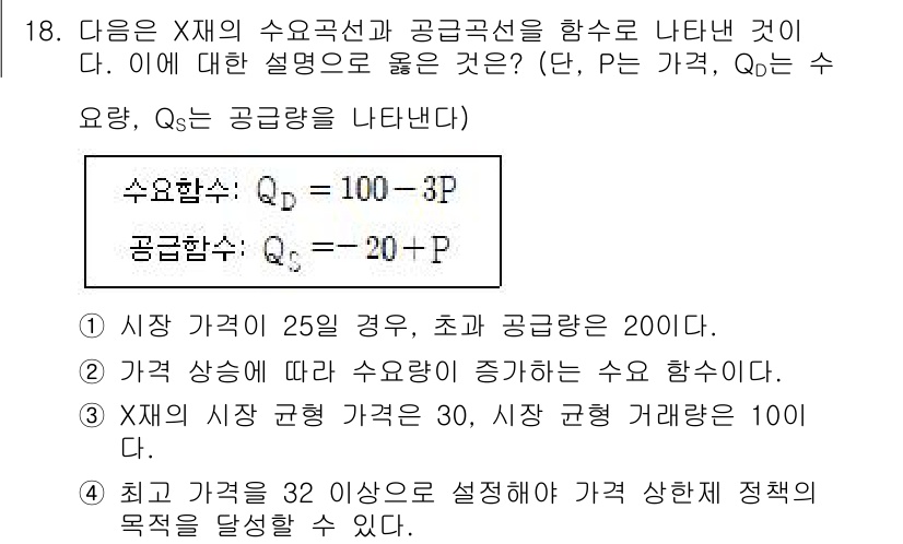 9급_국가직_공무원_사회복지학개론 2021년 18번 - 정답인 '3'번 설명은, 시장 균형 가격이 30에서 수요량과 공급량이 일... 에 관한 핵심 기출문제