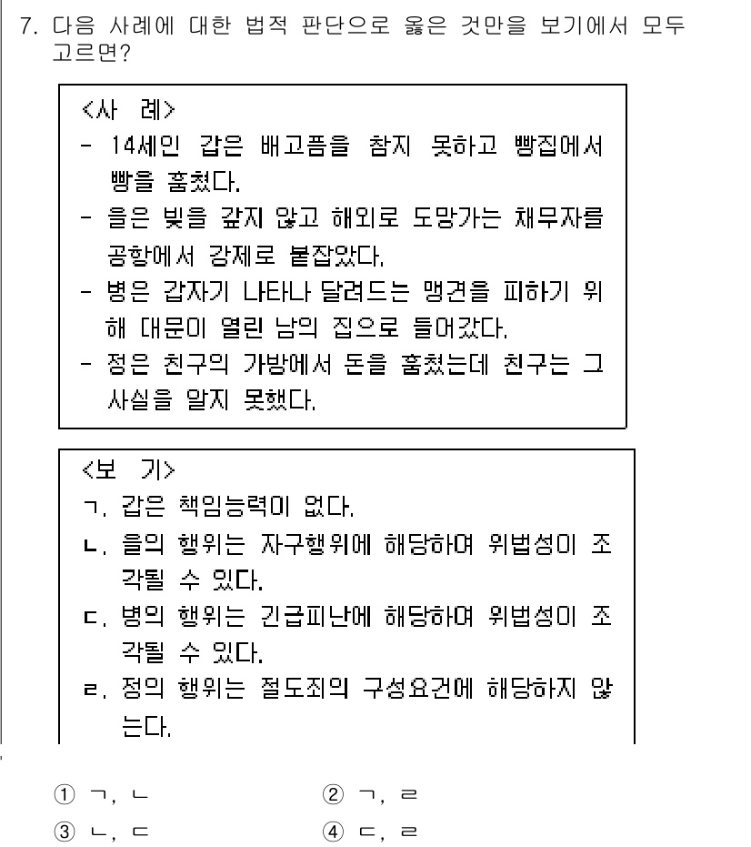 9급_국가직_공무원_사회복지학개론 2021년 7번 - 주어진 사례에서 각 행동의 책임능력을 살펴보면, 14세 미만의 소년은 형... 에 관한 핵심 기출문제