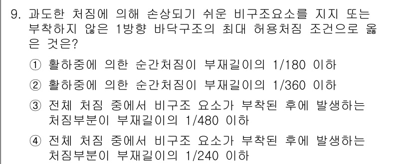 9급_국가직_공무원_건축구조 2021년 9번 - 주어진 문제는 비구조요소에 대한 최대 허용 처짐 조건을 묻고 있습니다. ... 에 관한 핵심 기출문제