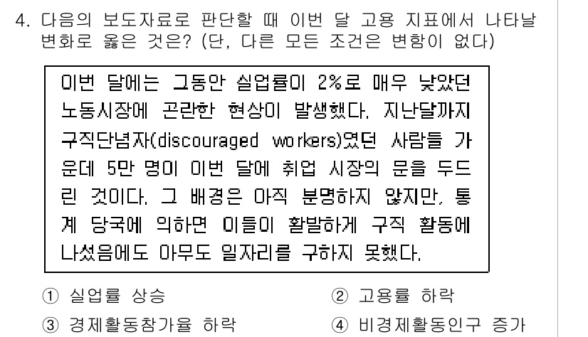 9급_국가직_공무원_경제학개론 2021년 4번 - 주어진 상황에서 실업률이 낮아졌다는 것은 경제가 개선되고 있음을 나타냅니... 에 관한 핵심 기출문제