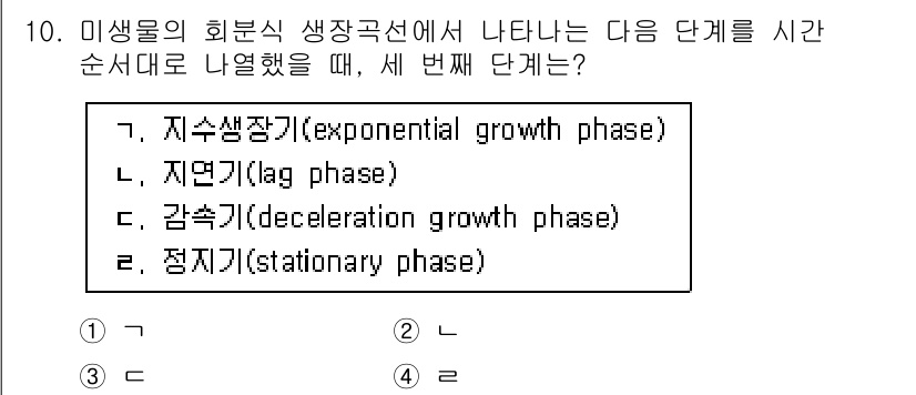 9급_국가직_공무원_공업화학 2021년 10번 - 미생물의 생장곡선은 일반적으로 Lag phase, Exponential ... 에 관한 핵심 기출문제