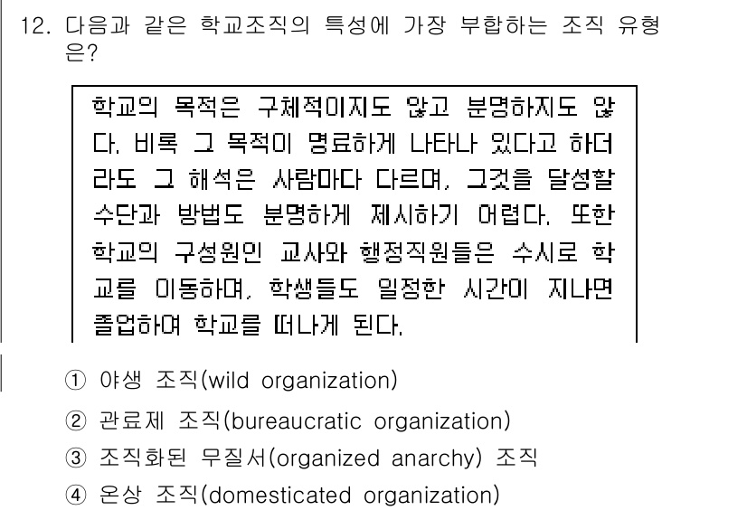 9급_국가직_공무원_교육학개론 2021년 12번 - 정답 '3'인 '조직화된 무질서(organized anarchy)'는 학... 에 관한 핵심 기출문제