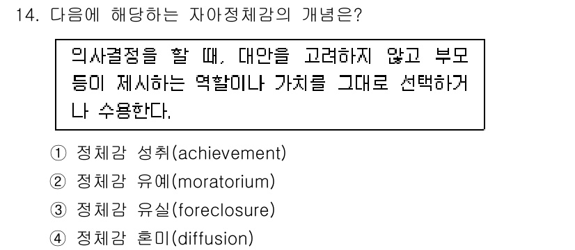 9급_국가직_공무원_교육학개론 2021년 14번 - 정체감 유실(foreclosure)은 개인이 자신의 정체성을 확립하기 위... 에 관한 핵심 기출문제
