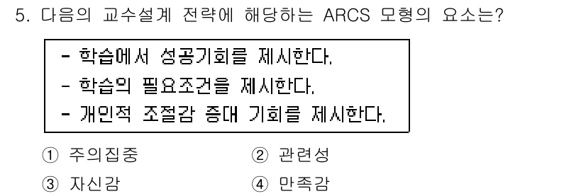 9급_국가직_공무원_교육학개론 2021년 5번 - ARCS 모형에서 '자신감'은 학습자가 자신의 능력을 믿고 도전 소화할 ... 에 관한 핵심 기출문제