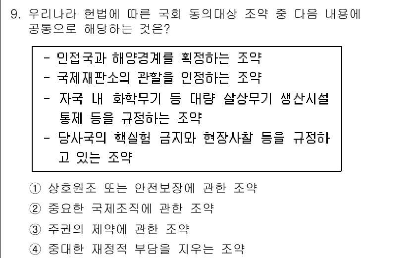 9급_국가직_공무원_국제법개론 2021년 9번 - 주어진 문제에서 '우리나라 헌법에 따른 국회 동의대상 조약'에 대한 적합... 에 관한 핵심 기출문제
