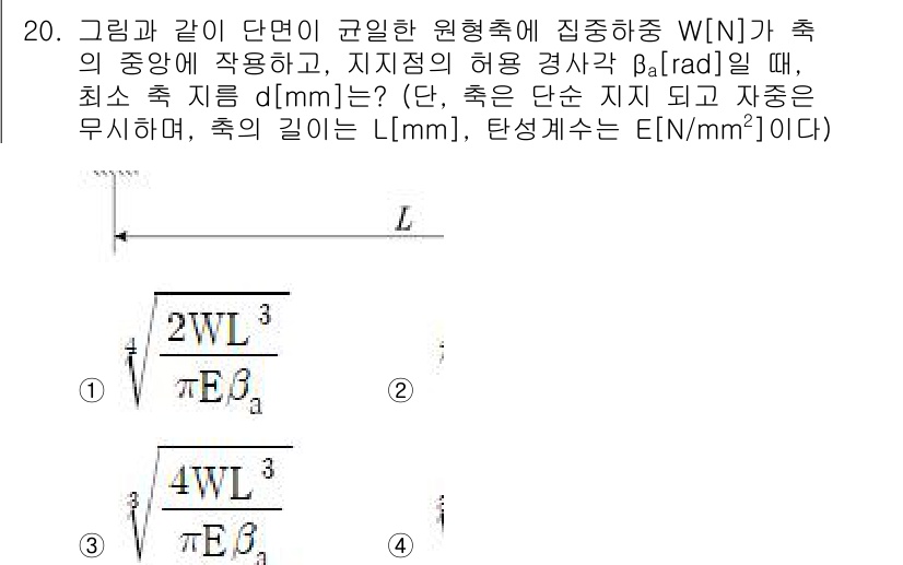9급_국가직_공무원_기계설계 2021년 20번 - 주어진 문제는 원형 축의 변형을 다루고 있으며, 최소 축 지름 \( d ... 에 관한 핵심 기출문제
