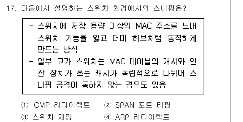 9급_국가직_공무원_네트워크보안 2021년 17번 - 주어진 설명은 스위치에서의 스니핑을 나타냅니다. 특정 MAC 주소를 보낸... 에 관한 핵심 기출문제