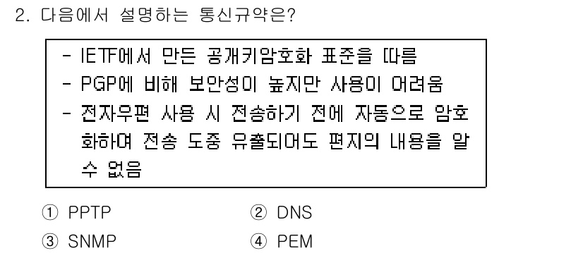 9급_국가직_공무원_네트워크보안 2021년 2번 - 주어진 설명은 PEM(Privacy-Enhanced Mail)에 대한 내... 에 관한 핵심 기출문제