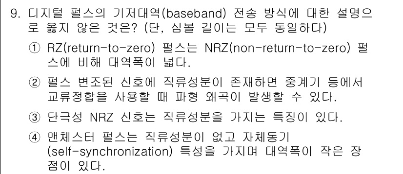 9급_국가직_공무원_무선공학개론 2021년 9번 - 정답이 '4'인 이유는 맨체스터 필스스터가 자가 동기화(self-sync... 에 관한 핵심 기출문제