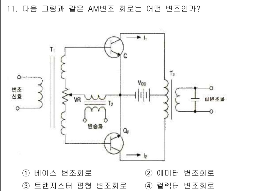 전파전자통신기사 2020년 11번 - 주어진 회로는 AM 변조 방식에서 주로 사용되는 증폭기 회로입니다. 이 ... 에 관한 핵심 기출문제