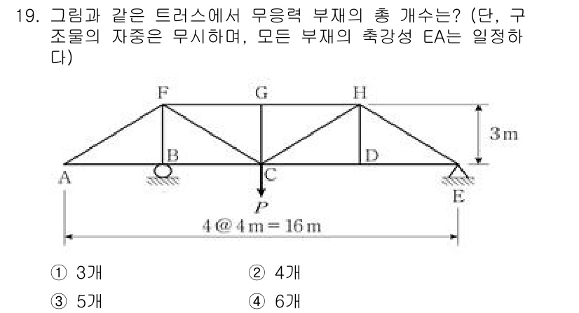 9급_국가직_공무원_응용역학개론 2021년 19번 - 문제의 트러스 구조에서 각 부분의 연결 상태를 고려할 때, 총 3개의 무... 에 관한 핵심 기출문제
