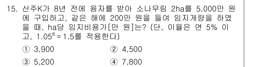 9급_국가직_공무원_임업경영 2021년 15번 - 이 문제는 8년 전 투자액에 대해 연 5%의 이자를 적용하여 현재 가치를... 에 관한 핵심 기출문제