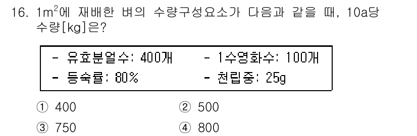 9급_국가직_공무원_재배학개론 2021년 16번 - 주어진 조건에서 1m²에 재배한 벼 한 포기당 수량을 계산하기 위해 유효... 에 관한 핵심 기출문제