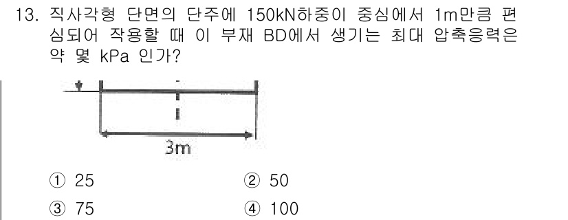 철도차량기사 2020년 13번 - 문제에서 주어진 단면에 작용하는 하중은 150kN이며, 이 하중이 중심에... 에 관한 핵심 기출문제