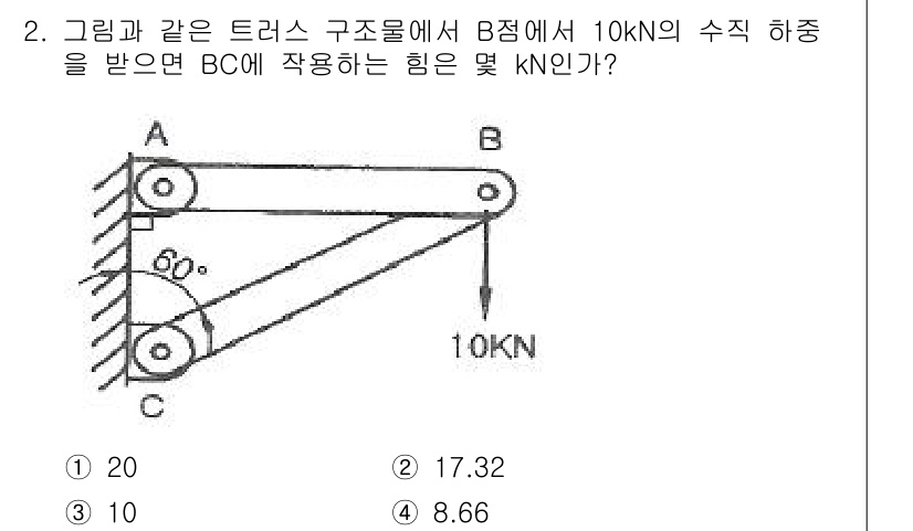철도차량기사 2020년 2번 - 문제에서 B점에서 수직 하중 10kN이 작용하고 있으며, 이는 BC 부재... 에 관한 핵심 기출문제