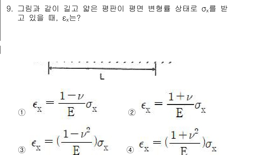 철도차량기사 2020년 9번 - 주어진 문제는 평면에서의 변형률 ε_x 계산과 관련이 있습니다. 평면의 ... 에 관한 핵심 기출문제