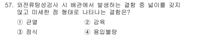 와전류비파괴검사기사 2021년 57번 - 와전류탐상검사에서 "점식"이라는 결함은 특정 지점에서 발생하는 결함으로,... 에 관한 핵심 기출문제