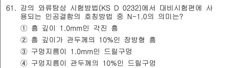 와전류비파괴검사기사 2021년 61번 - 정답이 '1'인 이유는 N-1.0이 각진 흡입의 Depth를 나타내기 때... 에 관한 핵심 기출문제